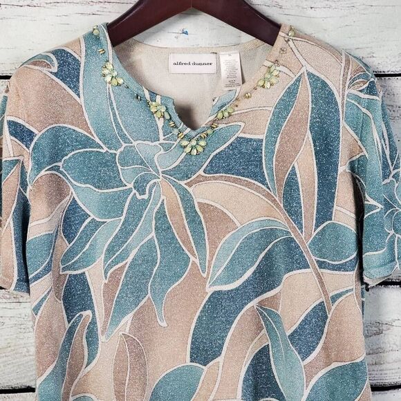 Alfred Dunner Women's XL Beaded V-Neck Leaf Print Glitter Knit Top Short Sleeve - Picture 2 of 7
